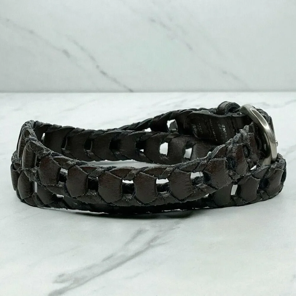 Vintage Brown Woven Leather Belt Silver Buckle Medium (M) ✨